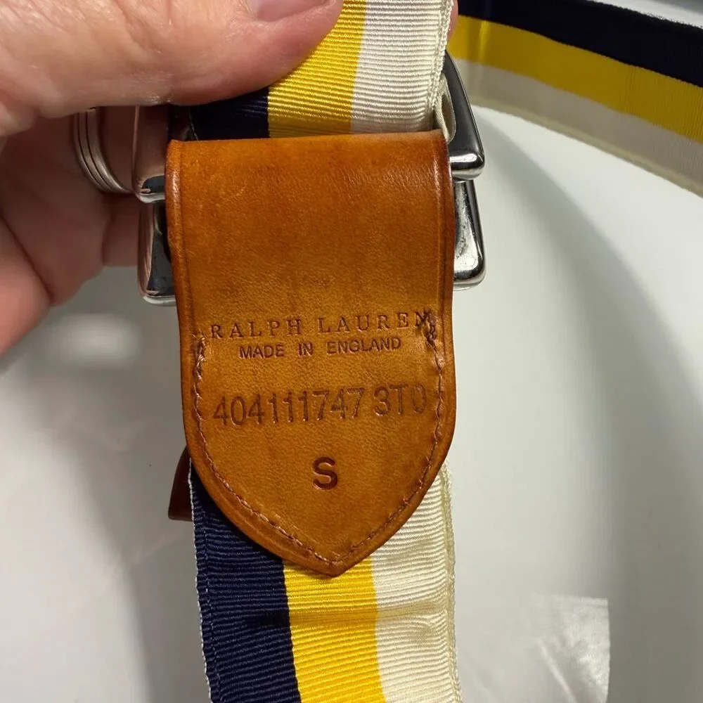 Ralph Lauren Made in England Striped Ribbon Leather Belt Navy Yellow Cream S